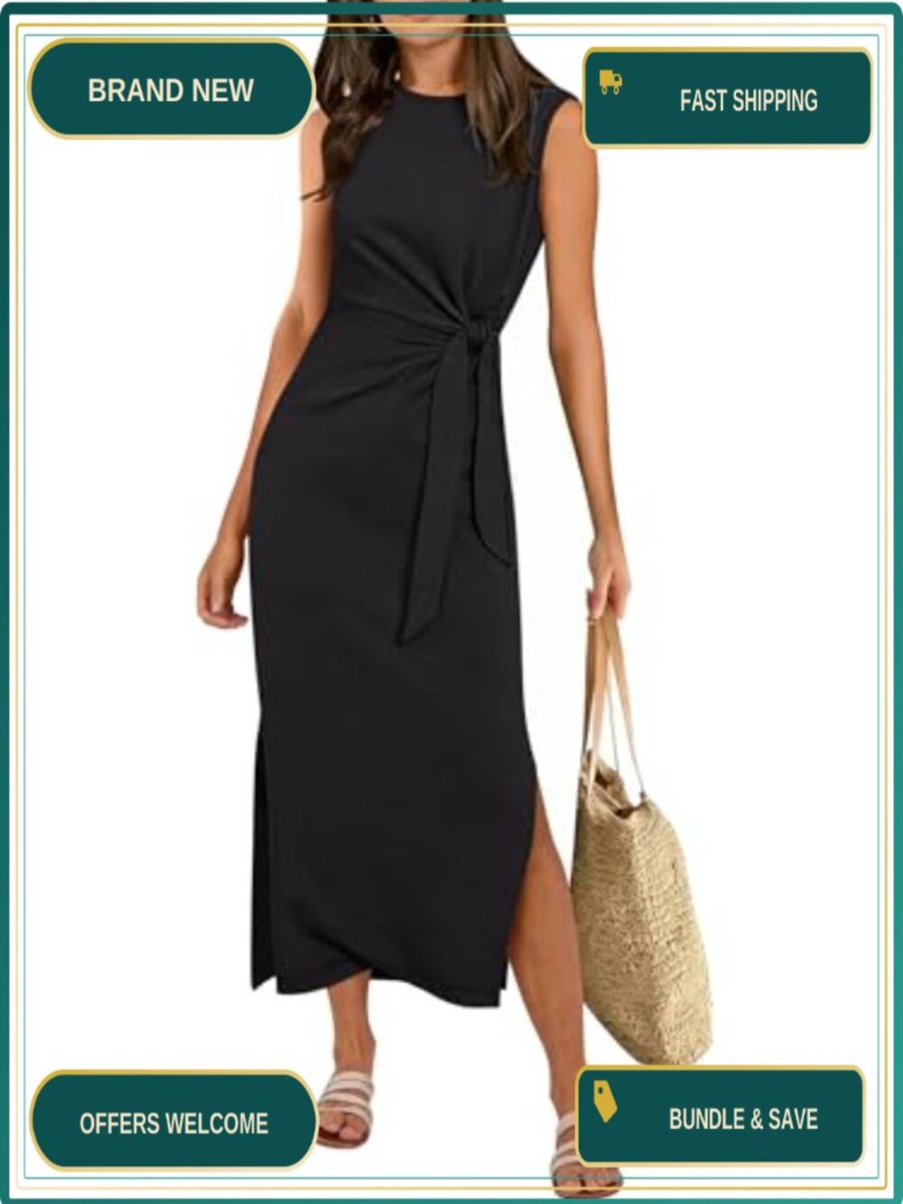 Slim Fit Sleeveless Maxi Dress Tie Waist Side Slit Summer